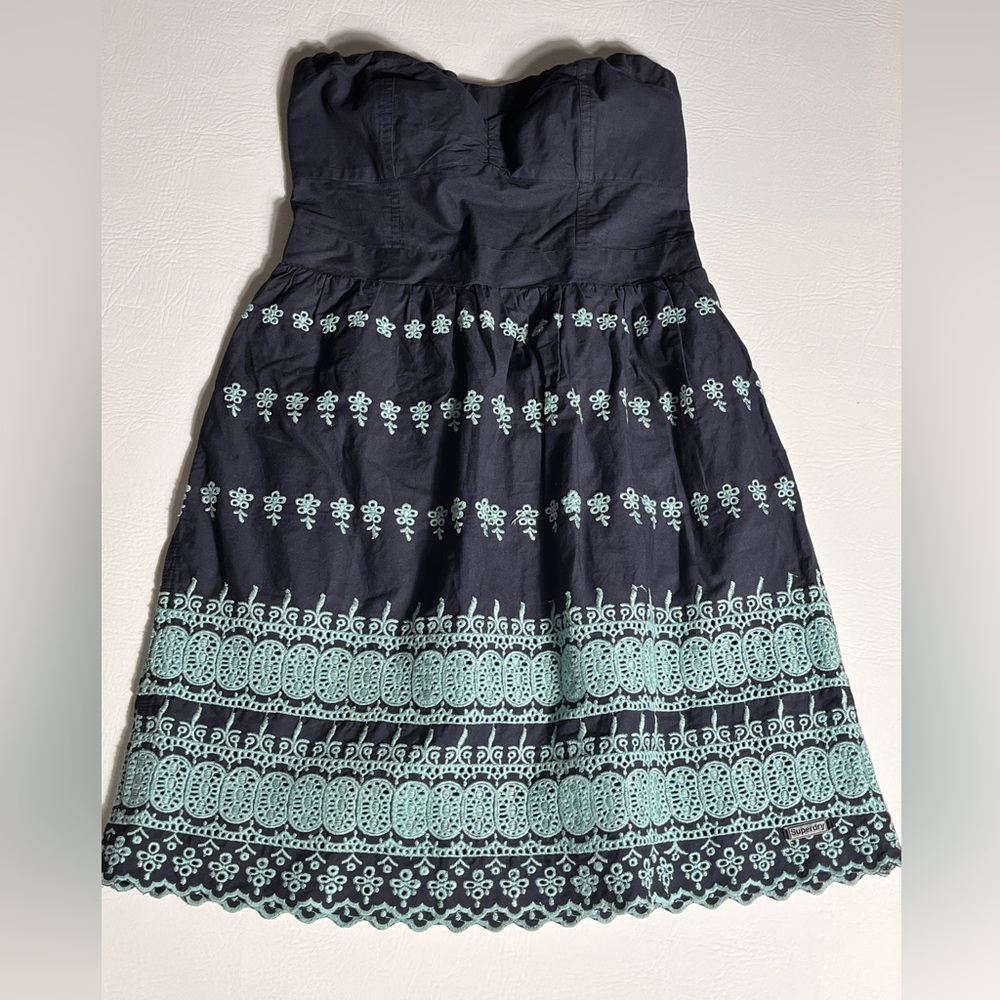 Superdry Navy Strapless Dress with Teal Embroidery Small